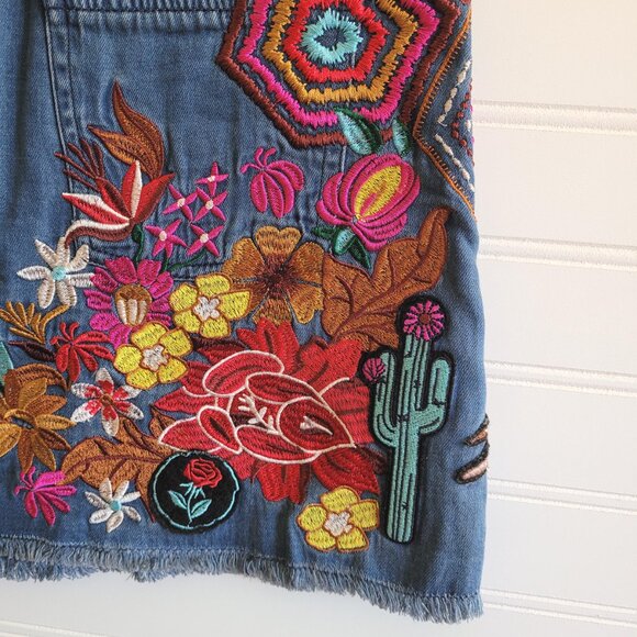 Spell Gypsy Jean Skirt Size Small Blue Flower Child  Patches Embroidered Funky - Picture 10 of 14
